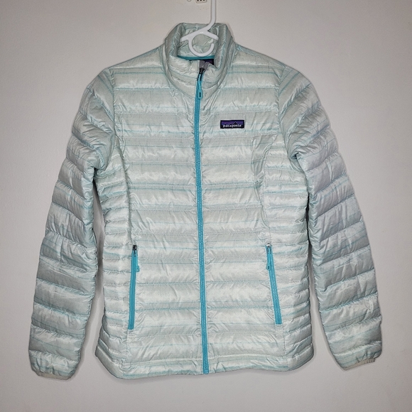 Rare Patagonia Womens Small AQUA Mint Stripe Goose Down Puffer Jacket Warm Snow - Picture 1 of 15